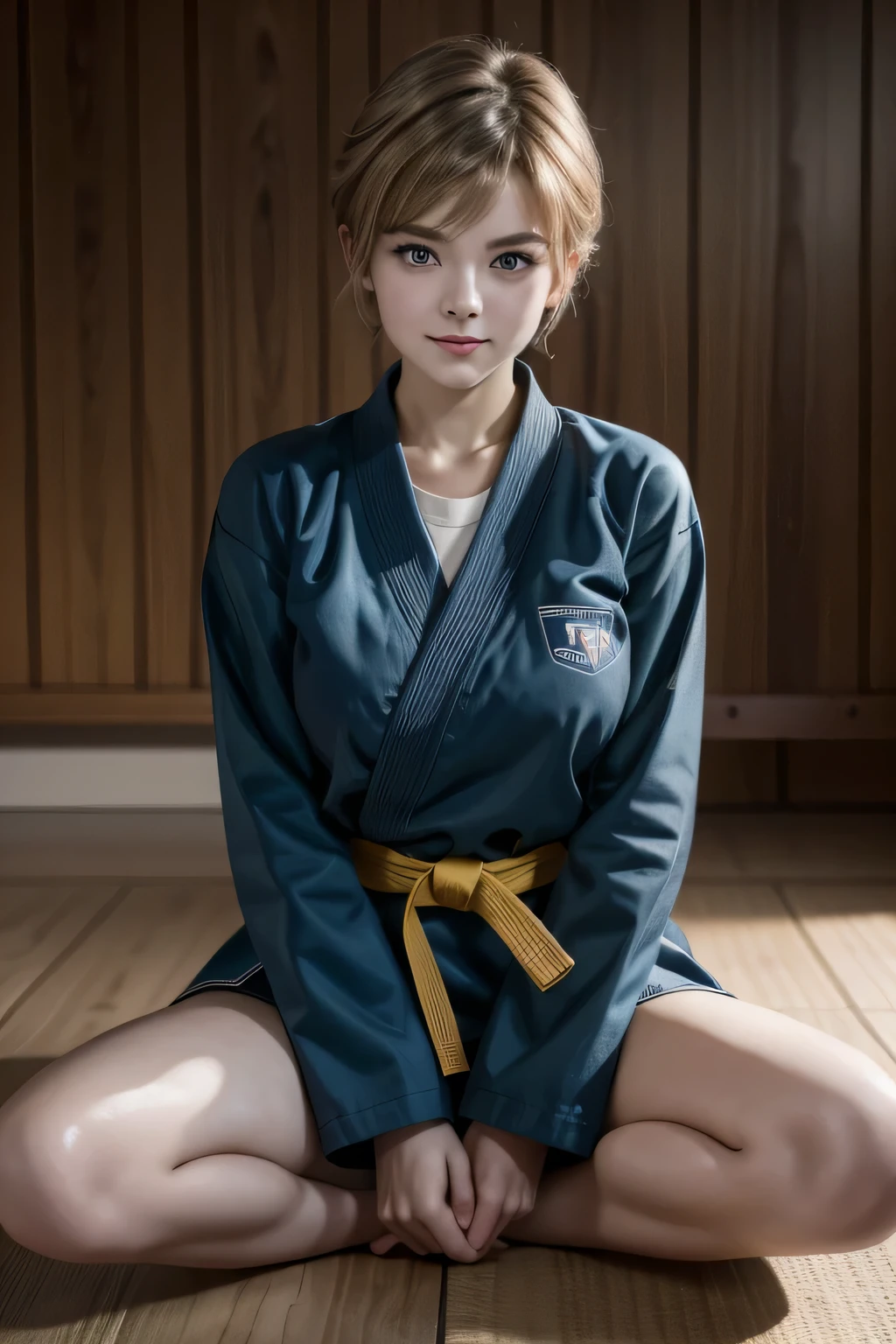 cinematic film still photographed.
Perfect appearance. Top quality. High resolution.
High quality photos. Photos that are in correct focus.
Correct human anatomy. Correct hand shape.
She is a high school student.
Her face looks a lot like that of YouTuber Ella Freya.
Too beautiful girl. Her face is so young.
Her haircut is a pixie haircut.
Her hair looks like Amara Tenou.
Her hair looks like Audrey Hepburn.
Too big breasts.
She is wearing a judogi.
Martial arts uniform for judo practice.
Her judogi is conservative.
She is smiling.
Judo Hall. Tatami mats.
sit cross-legged.