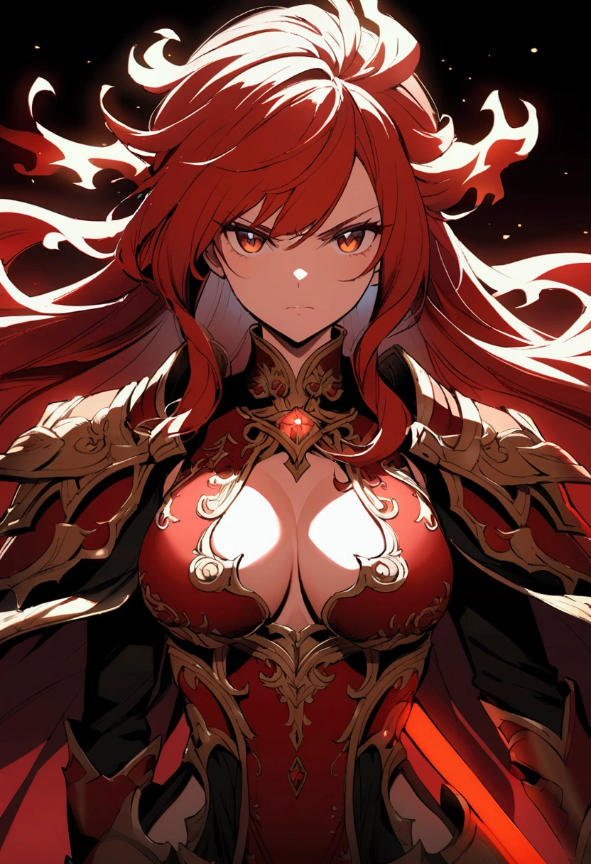 ((dark red hair)), ((dragon horns)), ((deep red eyes)), ((muscular body)), ((dragon knight)), ((red scales)), ((dragon woman)), ((serious expression)), (((fair skin)), ((dragon scale armor)) ((mature female)), 1girl, beautifully drawn, high resolution illustration, best quality, High definition, ((detailed anime sketch)), Masterpiece, (solo), absurdres, portrait, ((upper body)), ((close-up)), ((short wild hair)), detailed background, fine detail, female focus, HDR,