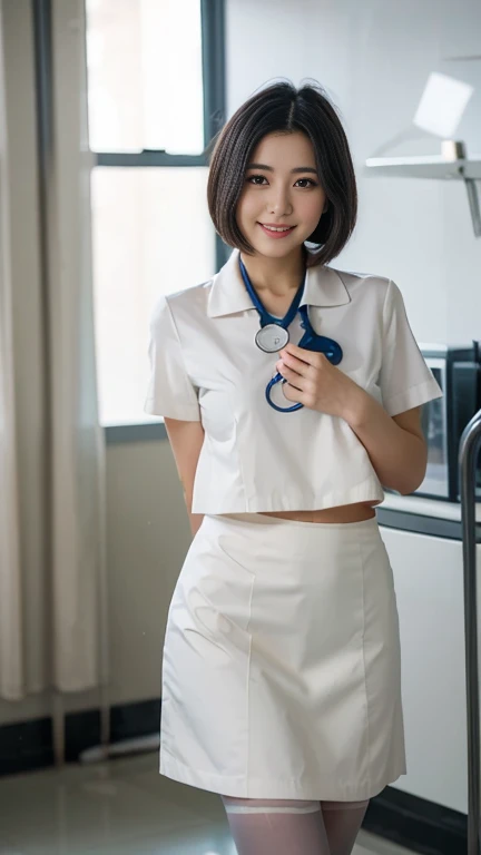 Masterpiece, top quality, high quality, high resolution, high quality textures, high quality shadows, high detail, realistic, cinematic lights, side lights, lens flares, ray tracing, sharp focus, beautiful young woman, (1girl, 21yo, solo), with black hair, one woman, elegant, tall, semi-long bob cut, nurse, hospital, wearing white nursing uniform, white uniform, (white nursing skirt, white lace pantyhose). A stethoscope is worn from the neck. Standing, slim thighs, small breasts, slim, long eyelashes, mature, white sneakers, smile, beauty, Realism, Photo-realistic,