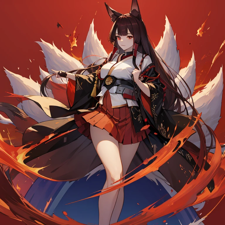 Akagi (Azur Lane), foxgirl, 9 tail, long hair, brown hair, red eyes, makeup on eyes, brown black half kimono, red skirt, red hair clips, red skirt, metal sash, half exposed, pregnant belly, belly exposed, big round fat belly, standing, simple background