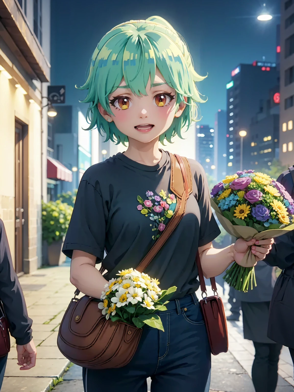 Incredible artwork , character with cheerful facial expression and extremely detailed features . A pretty girl is wearing a blue t-shirt and black pants.  She has short green hair ,  and she's holding a beautiful bunch of flowers in a city at night.