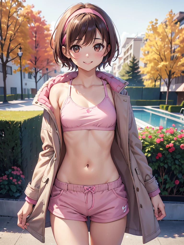 4K,cute, Brown Eyes ,Brown Hair,20-year-old woman,solo, small breasts, pink sports bra , pink shorts, wear pink hair bands,Wearing a coat,smile, short hair , looking at the camera , blurry background, fall garden,