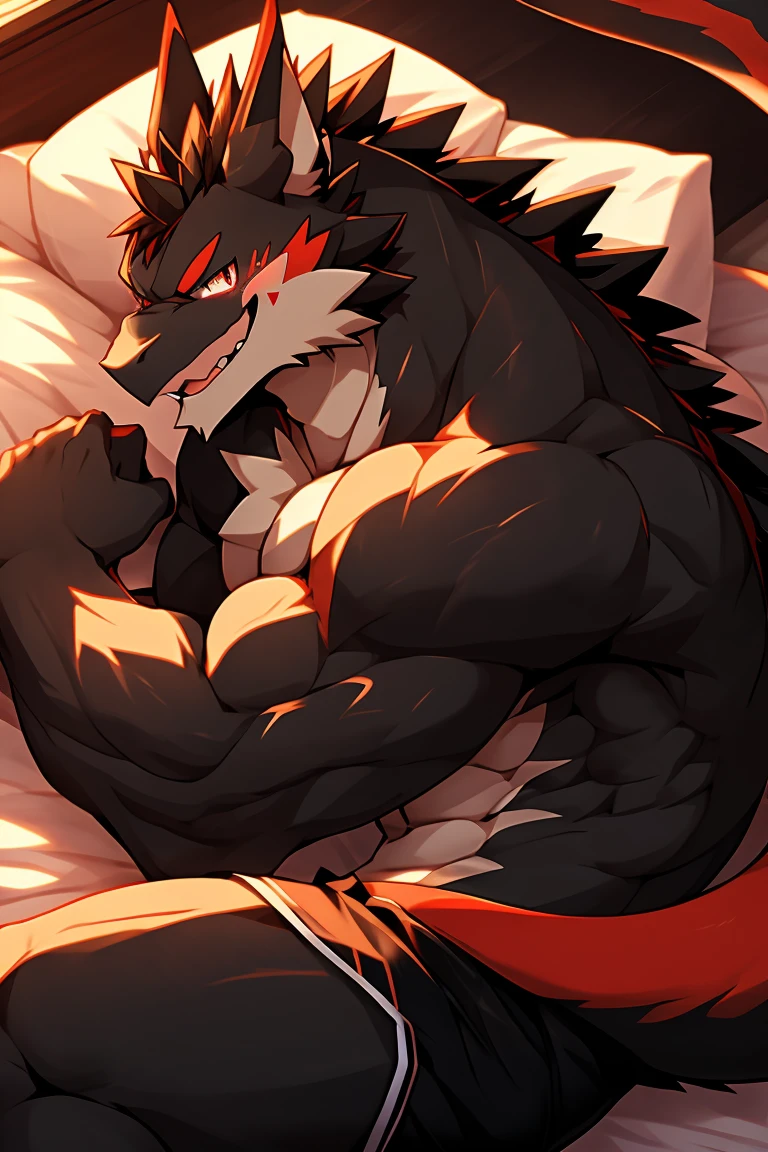 Western Black Dragon(Species),Height Long legs,Casual attire,Bright golden eyes,toned figure,Majestic character,Drink red wine,sit on a bed,Full of oppression,is handsome and charming,There is a scar on the chest,Beautiful muscle lines,Large dragon tail,The figure is attractive,Full of sexual tension