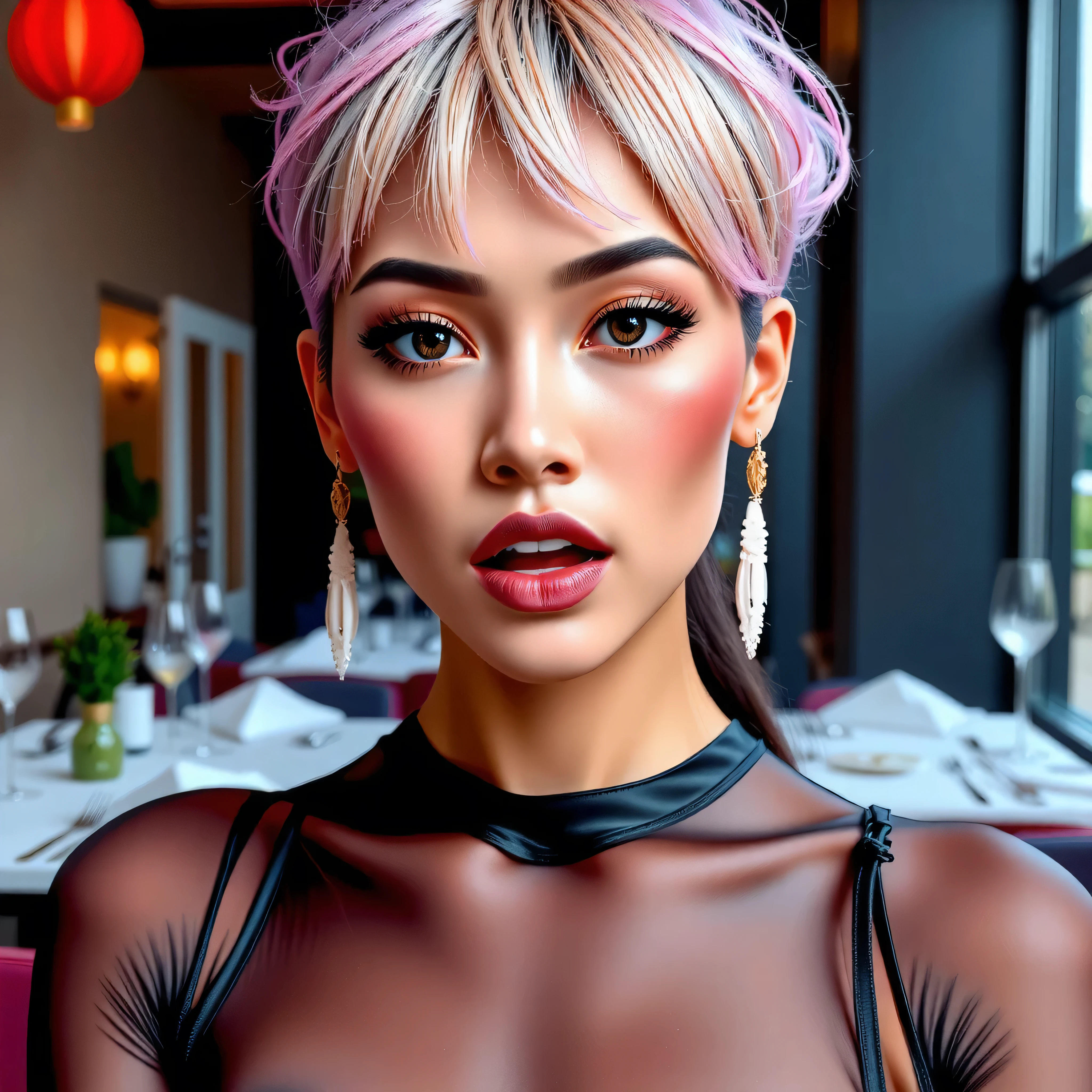 Crée une nouvelle femme à partir de cette image elle a 20 ans elle a des origine hispanique et aussi chinois elle est belle naturelle est naturel Elle a une coupe de cheveux carré très court avec une frange épaisse rose pastel elle a des sourcil bien dessiner légèrement épais elle a un regard sérieux elle a une robe en latex brillante elle est au restaurant 