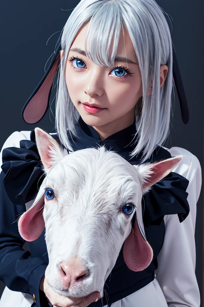 Yamaguro Necro、solo、1girl、、Silver Hair、 blue eyes、Goat ears