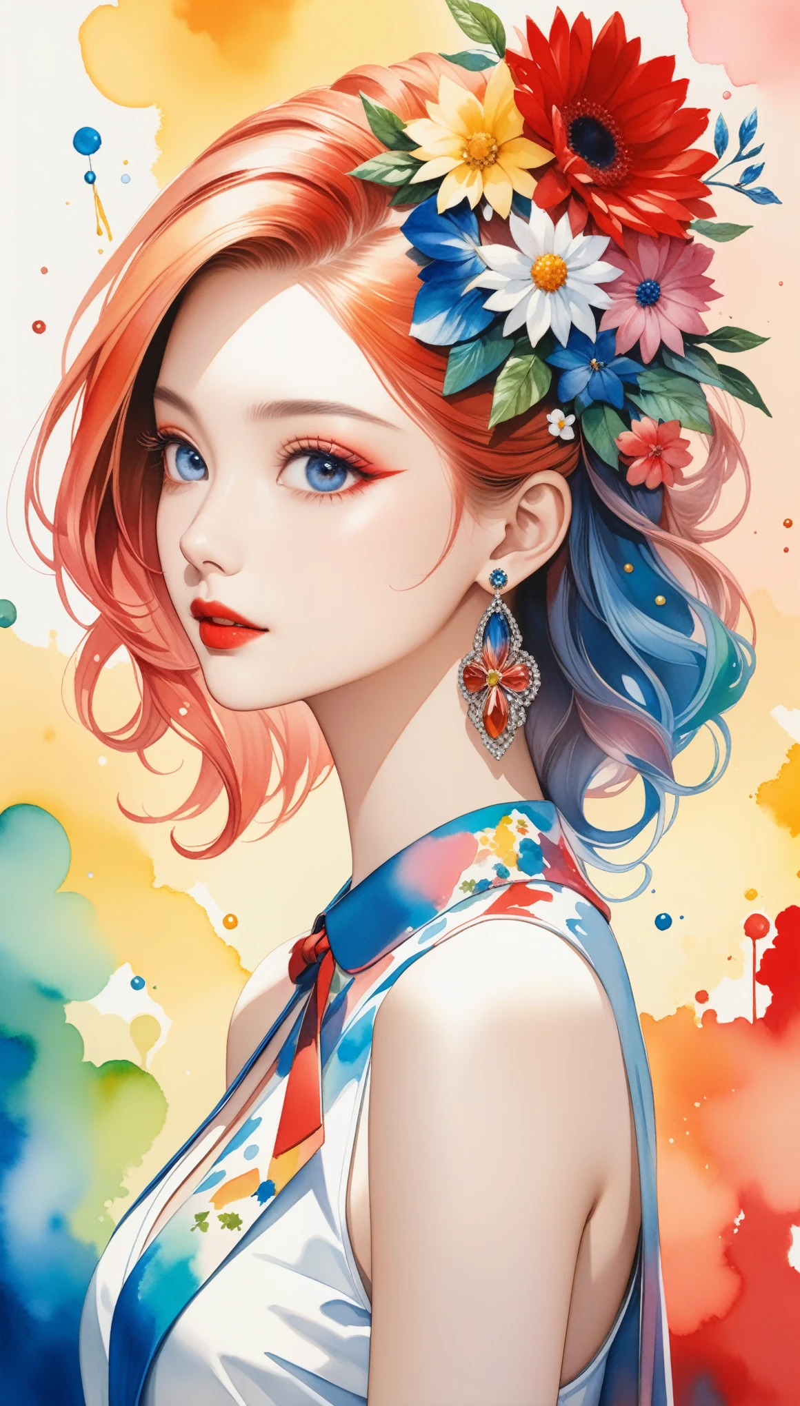 masterpiece, 8k, Best Quality,  high resolution on down, Official Art,  stylish なファッション, Intense watercolor, Detailed watercolor painting, watercolor splash ,  surreal, Avant-garde pop art, Beautiful Realistic Paintings ,  beautiful artwork illustration ,  Very Colorful Hues ,  wonderful,  stylish  design, The most beautiful girl, Doodle Art, Colorful flowers,  stylish , Mid-chest,  earrings for a woman alone, Red lipstick,  eyeliner ,  eyeshadow,  upper body, Anime Art, 