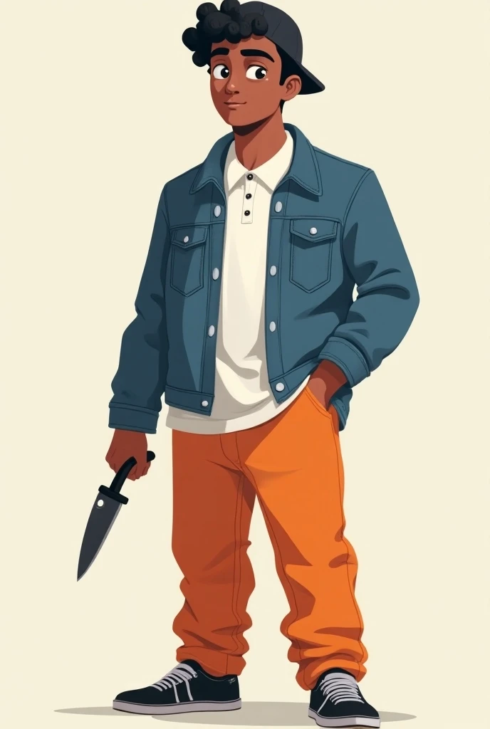 1980 cartoon style a young man no older than 2 , black skin brazilian. short slightly wavy hair. has a short, filled beard . wearing a kangaroo style hoodie. black pants. holding a baseball bat with bloody nails on the end. the background should be a blurry silhouette of a gray city.