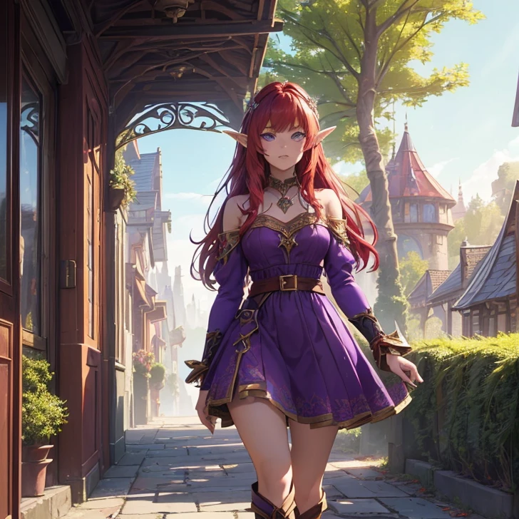 1girl, full body, solo, village, trees, flowers, fantasy world, mage, red hair, long hair, curly hair, ponytail, blue eyes, large breasts, red dress, clevage 1:2, smile, looking at the viewer, ((standng)), hair ribbon, golden necklate