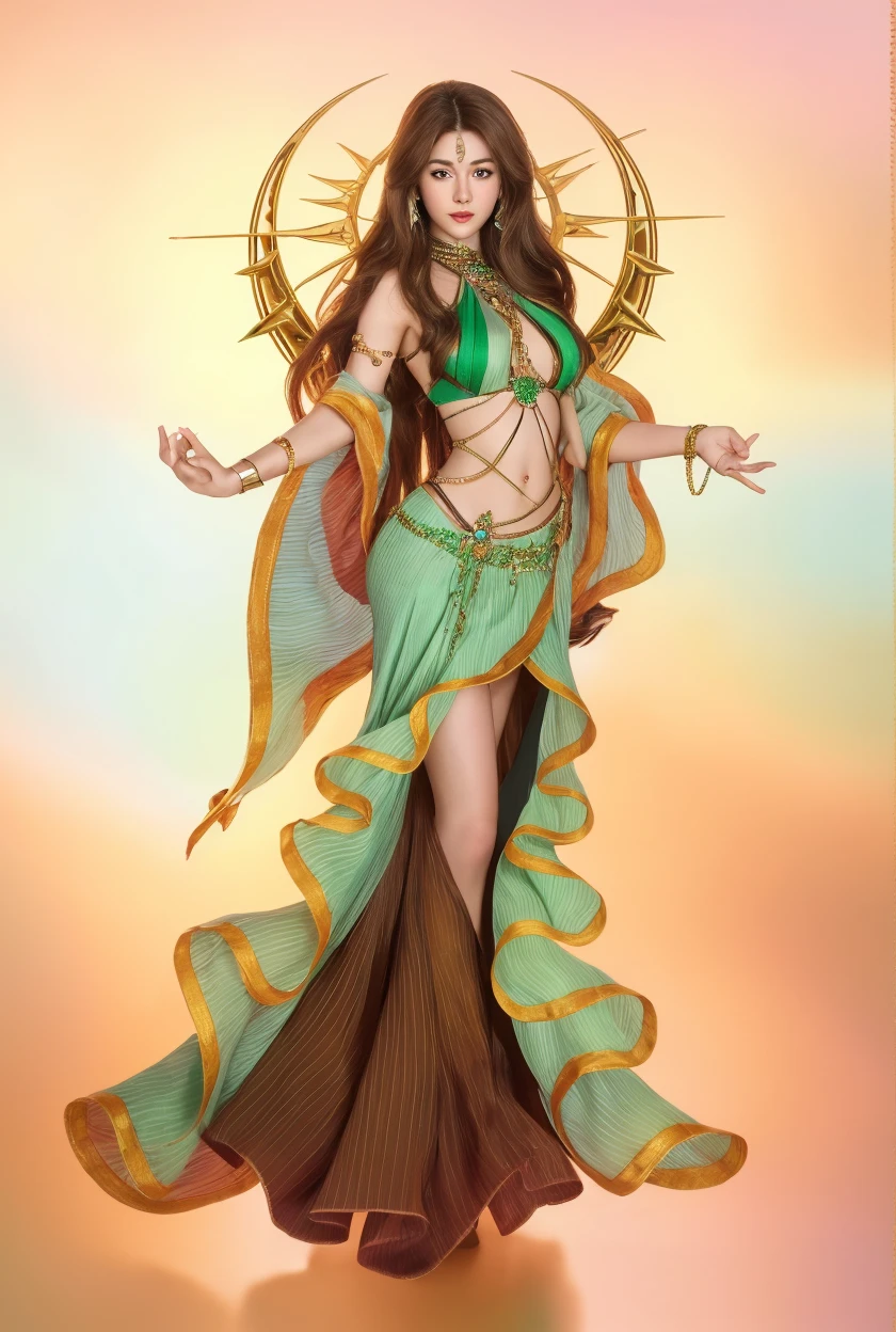 Pronst  (Obra maestra:1.2, La mejor calidad:1.2, Beautiful, alta calidad, Altas Resoluciones:1.1, aesthetic), Detallado, extremadamente detallado, soft ambient lighting, 4k, ojos perfectos, Cara perfecta, Perfect lighting, 1girl, Alternate breast size, Cabello largo y negro, senos, resplandeciente, ojos brillantes, pelo entre los ojos, senos medianos, labios, Cabello largo, Mirando al espectador, en la parte posterior, labios separados, regordete, Ojos de diamante azul, Blue eyes of the ocean, solamente, senos medianos, Brazos a los lados, (Tema azul),verano, DESIERTO, nubes rosadas, A land covered with roses meets beautiful girl, James Gurney, rendered art station, lente ultra gran angular, Hi-Def, (papel tapiz CG unidad 8k extremadamente detallado, obra maestra, mejor calidad, ultra detallado), (Better lighting, mejor sombra, una extremadamente delicada y hermosa) 22-year-old girl, una sonrisa brillante en su rostro. , Mujer Araffe en bikini dorado posando para una foto, cinematic goddess body shot, Bikini dorado brillante, in a gold one piece swimsuit, Bikini transparente dorado, Bikini de metal, Diosa dorada, Diosa Reina, She is dressed as a belly dancer.., Pintura corporal dorada, Cuerpo de oro, Diosa rubia, Thicc, Plano frontal completo, nicki minaj curvy, Diosa femenina
