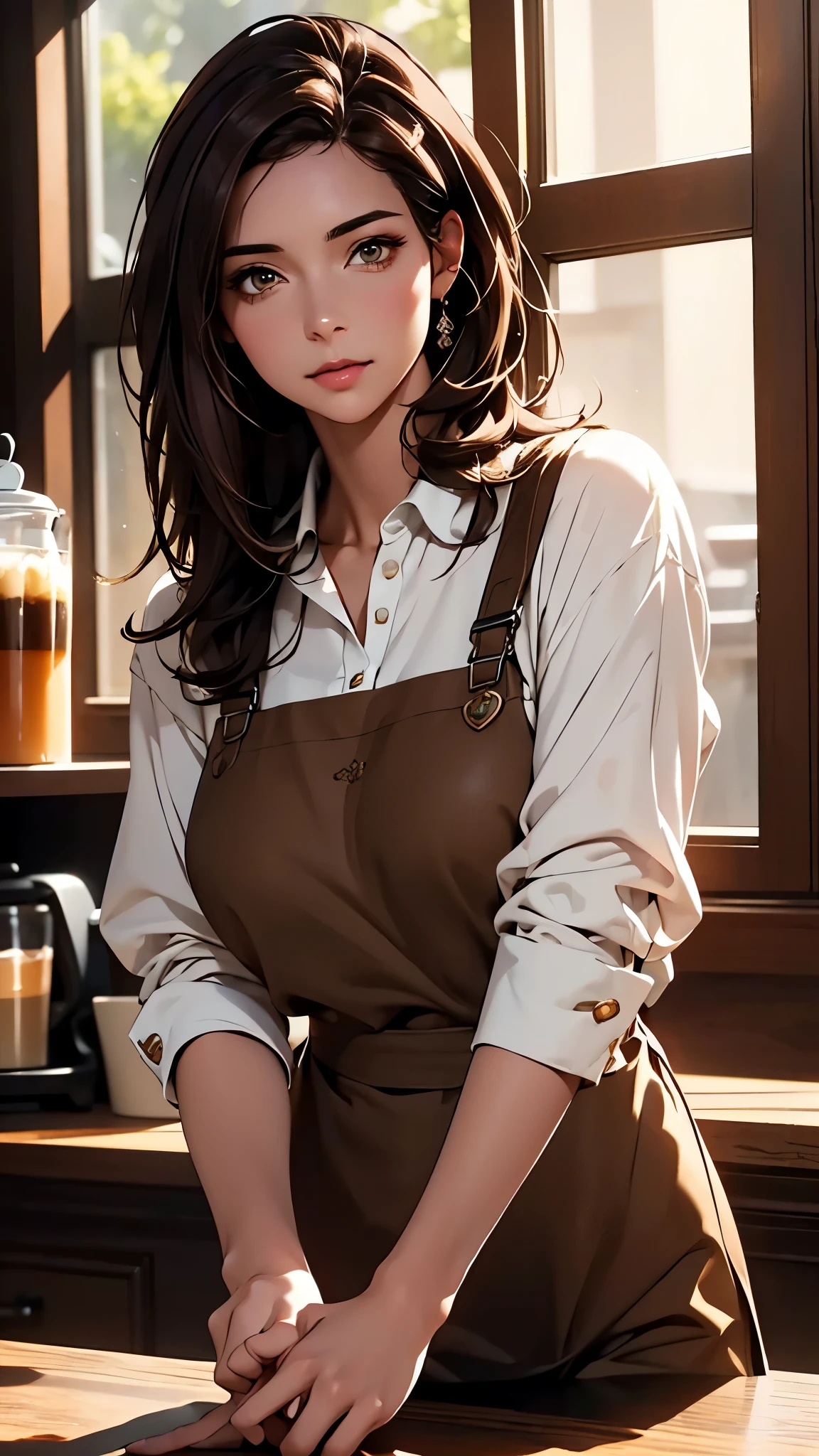 masterpiece,highest quality,Stylish western style cafe,female cafe clerk,(cafe clerk:1.3),(fine clothes),(carry a coffee pot),laughter,Bright atmosphere in the store, highest quality,8K,super high resolution,(Photoreal:1.3),RAW photo、(1 female), ((brown hair, casually hair:1.6)), glowing skin, cafe clerk, stylish, cute apron,((Ultra realistic details)),portrait,global illumination,octane rendering, 8K,super sharp,very intricate details,realistic light,Trends in CG society,beautiful eyes,shining eyes,towards the camera