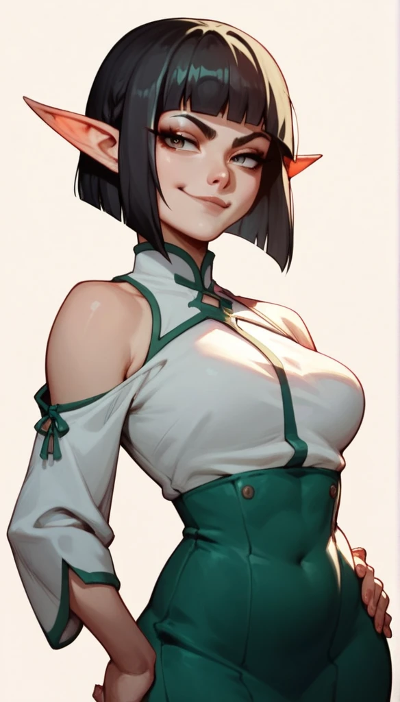 Savage, Southern Belle,Rogue, looking at viewer, neutral expression, expressionless, short hair, large breasts, cleavage, collarbone, thighs, medium hair, blurry, makeup, lipstick, armband, lens flare, muscular female, arm strap, gradient background, simple background, yellow green and black kimono, Japanese dress, beautiful green eyes, pretty green eyes, looking at viewer