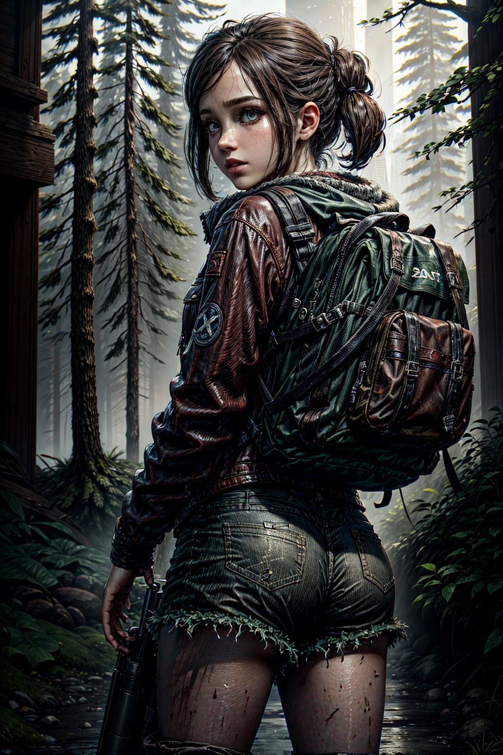 a girl, 20 years old, wearing short shorts, big backpack on the back, red jacket, thigh-high boots, ancient city taken over by the forest, post apocalyptic background scenario, athletic body, brown leather mini shorts, confused expression on his face, scratch marks on the skin, slightly torn clothes, hair in the wind, flowing hair ,earphone, masterpiece, best quality, detail, Feet outside the frame, (ellie - the last of us)