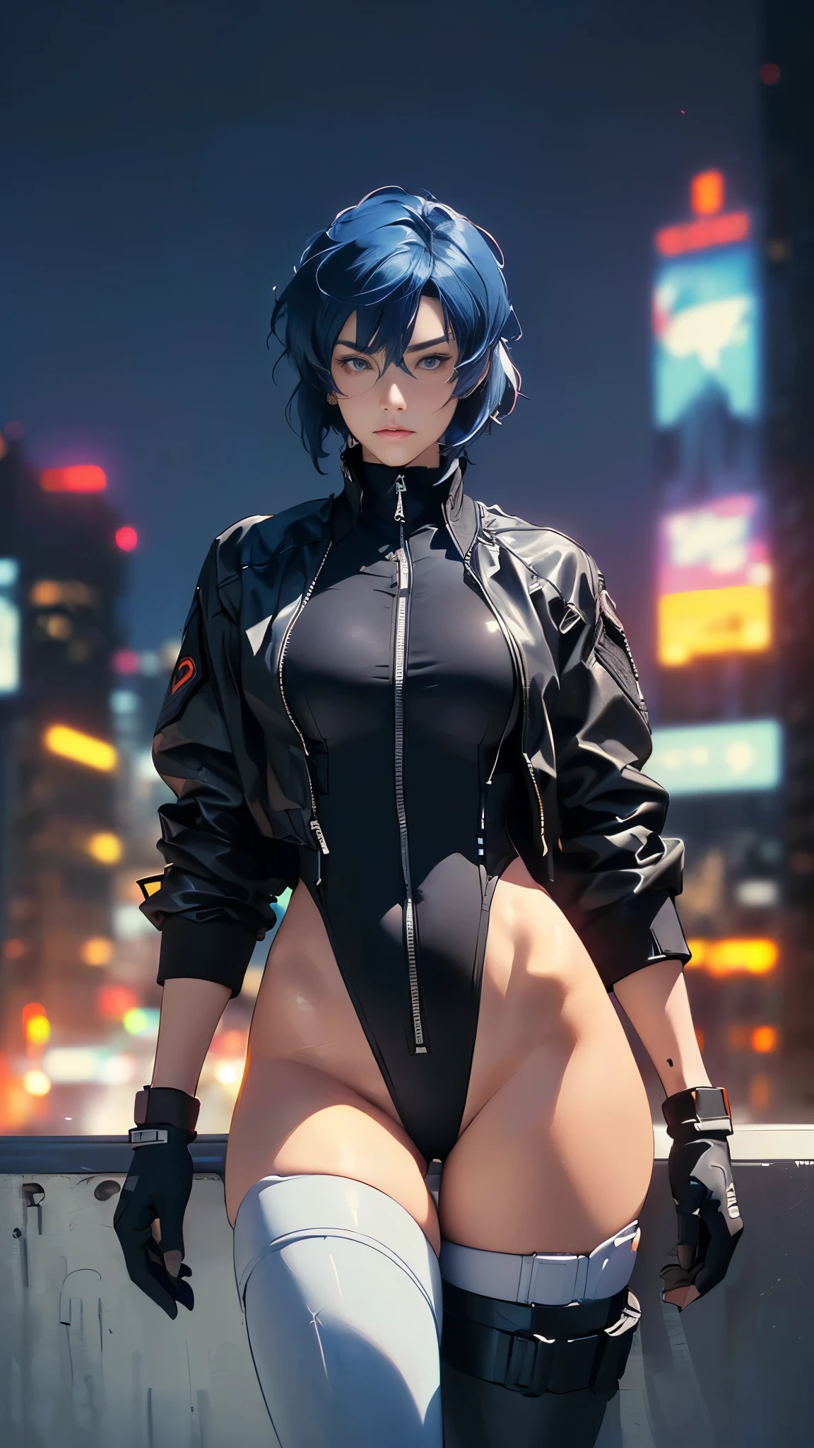 (A woman),(Motoko Kusanagi:1.5),(((Special forces women standing:1.5))),((White Tactical High Leg Bodysuit:1.5)),((Black jacket:1.5)),(Black Gloves:1.5),(serious:1.5),(short hair:1.5),(((Blue Hair:1.5))),(beautiful eyes:1.3),(Very detailedな顔:1.5),((Very detailed drawing of a woman's hand:1.5)),((Muscular:1.5)),(Sexy appearance:1.5),((Thick thighs:1.5)),(Beautiful Body:1.5),((Very sensual:1.5)),(Skyscrapers background at night:1.5),(cyberpunk atmosphere:1.5),(((Blurred Background:1.5))),(Written border depth:1.5),rest(((masterpiece:1.5),(best quality:1.5),(Very detailed:1.5),(high resolution:1.5),(Practical:1.5),(Practical:1.5),(Delicate depiction),(Carefully drawn))),8k,wallpaper