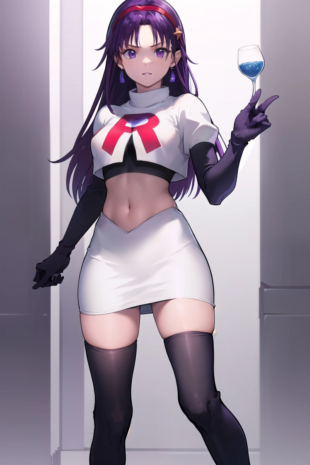 masterpiece, best quality, highres, aa1, purple hair, long hair, hairband, long hair, earrings, medium breasts, team rocket,team rocket uniform,white skirt,red letter R,crop top,black thigh-highs,black elbow gloves