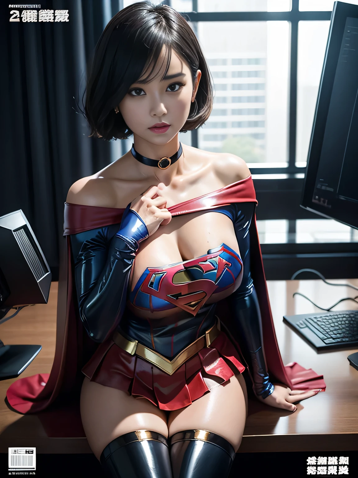 masterpiece、Supergirl Costume、short hair、barefoot、Big and ample breasts、Experimental facilities、operating table、Pilates、Oily Skin、Shiny、Look at the camera、Sexy poses to seduce、Model Body Type、choker、Long sleeve、Red mini skirt、Cowgirl、Estrus、Sweaty、Radical、Off the shoulder、Alluring、abused、charm、Fascinating、