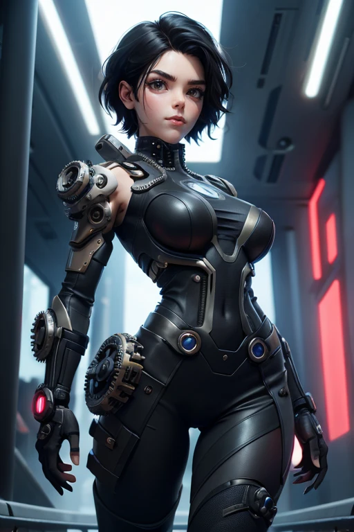  Woman futuristic costume ,  black hair , cyberpunk, magnificent anatomy ,  Dynamic Pose , face to the camera,  gears and bolts ,  mechanical engineering ,  composition epic character,  Natural lighting,  sharp focus,  ultra resolution , bottomless. 