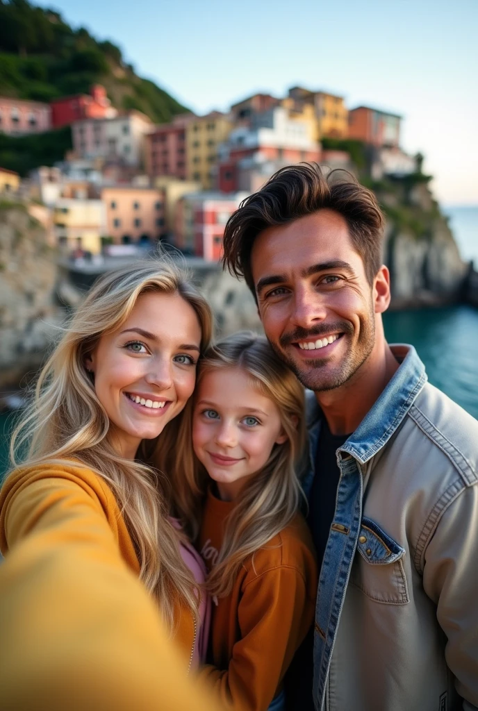  blonde child with blue eyes together with her father dark brown hair and brown eyes and her mother blonde green eyes long hair in Monaco 8k ultra realistic photorealistic 