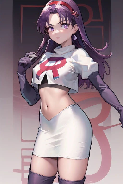 jessie pokemon, hair slicked back, long hair,purple hair,blue eyes, team rocket ,team rocket uniform ,((300% transparent silk: white 30% skirt, crop 30% top)),thighhighs,elbow gloves