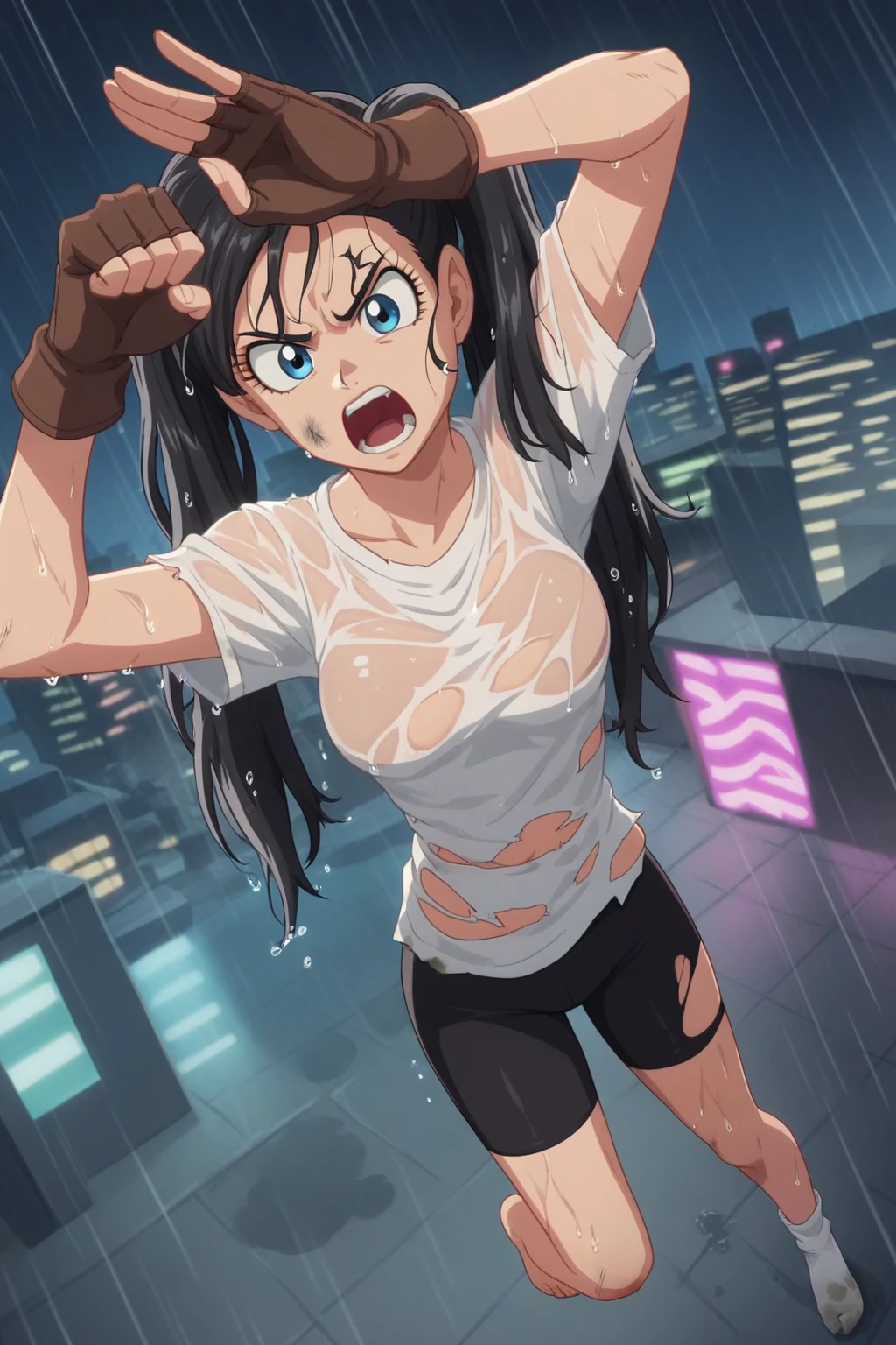 source_anime, score_9, score_8_up, score_7_up, anime screencap,
videldbz, solo, blue eyes, black hair, 1girl, night sky, city skyline, neon, heavy rain, wet clothes, wet hair, arm up, twintails, long shirt, white shirt, purple legwear, barefoot, angry, from above, dirty, fingerless gloves, boots, victory pose, teeth, open mouth, brown gloves, socks, eyelashes, v-shaped eyebrows, bike shorts, torn clothes, 
