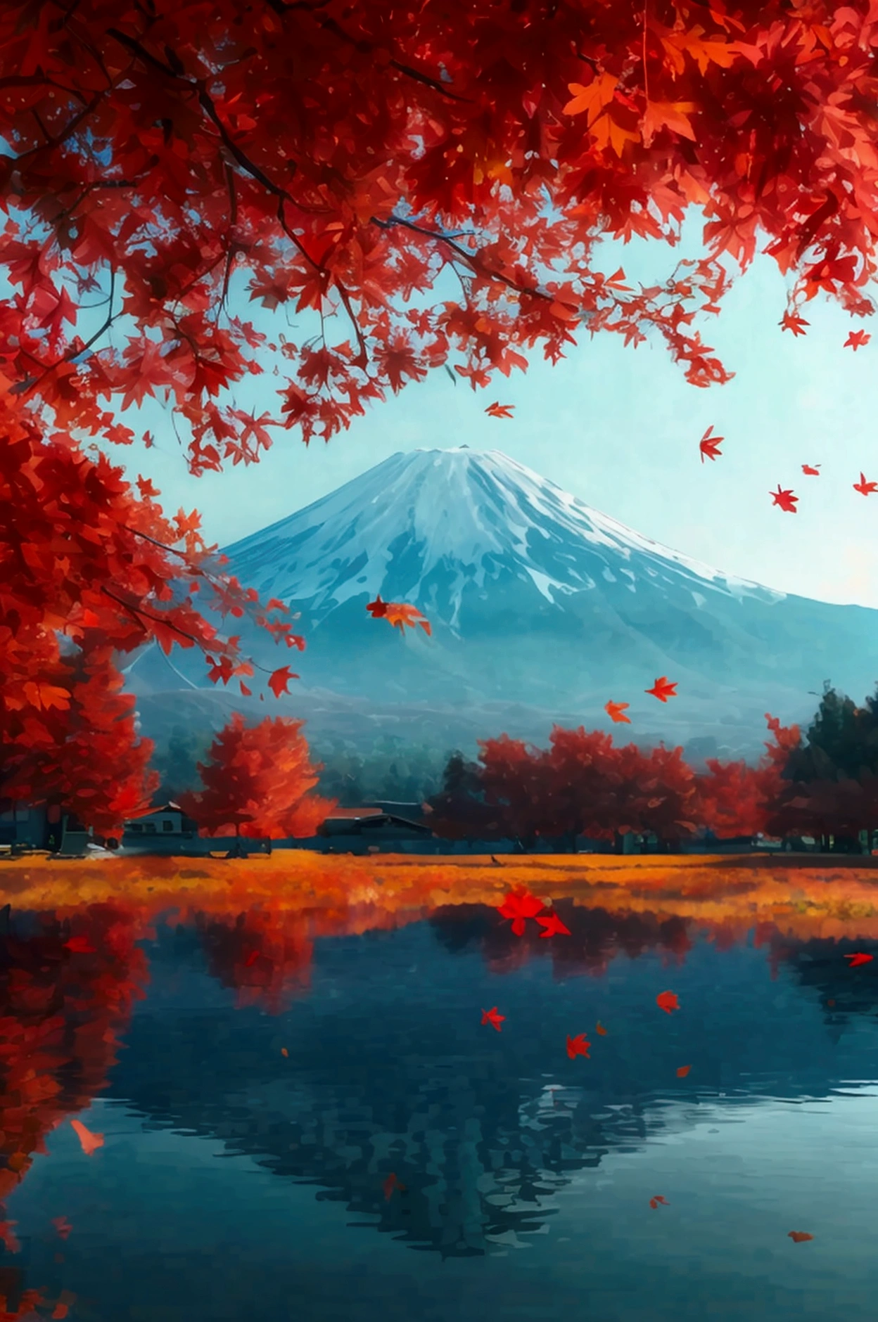 High quality, 8k, red maple leaves falling like a snowstorm, Mount Fuji dyed red in the center of the screen,