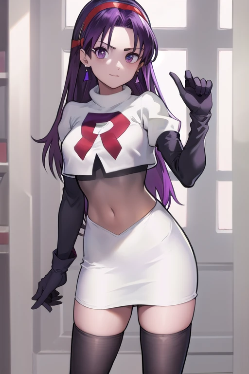 masterpiece, best quality, highres, aa1, purple hair, long hair, hairband, long hair, earrings, medium breasts, team rocket,team rocket uniform,white skirt,red letter R,crop top,black thigh-highs,black elbow gloves