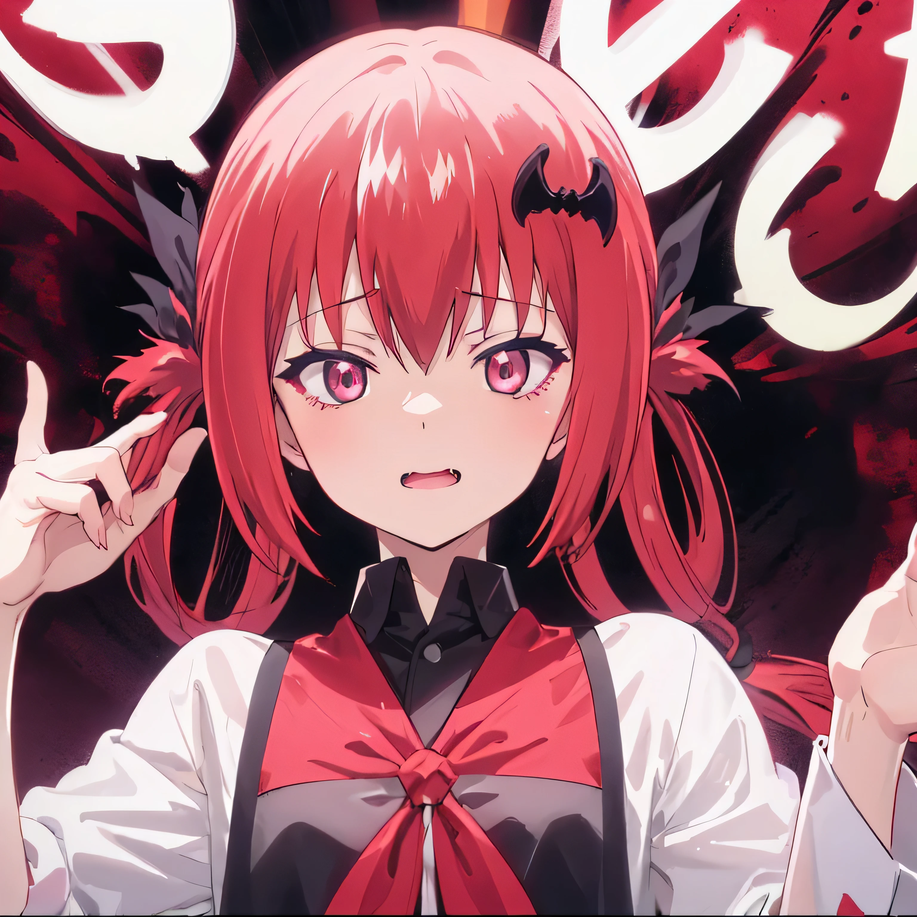 Satanichia McDowell president 
Divine costume 
Magenta eyes semi-long red hair tied with 2 pigtails 