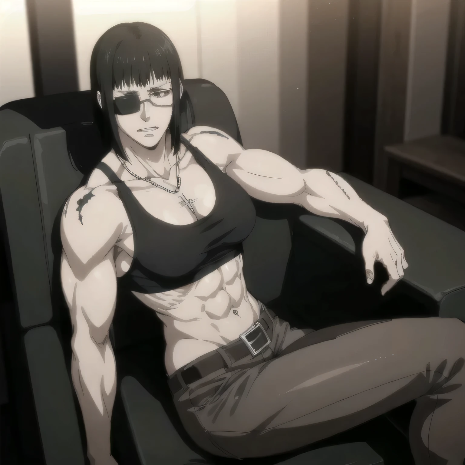(best quality,ultra-detailed,realistic:1.37),musclaur badass girl with sculpted body with preview her musclaur body and six-pack, full review of the female character face and body, intense expression, strong and confident posture, studio lighting, vivid colors, physiologically-based rendering, grungy texture, rugged background, dust particles in the air, commanding presence, professional, powerful, gritty aesthetics,,Valmet،short hair,necklace,clean muscles،wearing sport tank top and black pants with belt, tattoos on shoulders,clean clothes,sunglasses,Shining muscles,muscle protrusion,solo,eyepatch,sitting on chair,Kings session,high aura,arm at side,angle from side Valmet,4K,HD,Sitting lying on the sunrise view,boring face 
