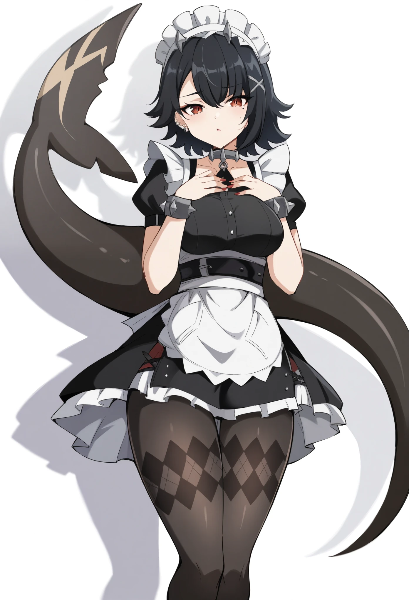 ( anime art style:0.5), 2D, masterpiece,  best quality ,  very aesthetic , absurdres, dynamic shadows, atmospheric, ellen_John, Genshin Impact, (1 ), (Alone), ( black hair ),  short hair, red curls,  Red Eyes, detailed eyes, Mole Under Eye,  hair between the eyes , fringe,  medium breasts ,  curvy body , makeup, tail, fish tail,  black tights ,  diamond pattern on tights,  choker stuck , Spiked bracelet ,  pricked headdress ,  x hair ornament, ear piercing,  red nail polish ,  maid ,  maid  headress, white apron, black dress,  short puffy sleeves , covered clavicle,  black high heels ,  split skirt , (sorriso sexy), (cowboy shot),  hands on your chest , ( open legs ),  looking at the viewer , ( White background), ( plain background)