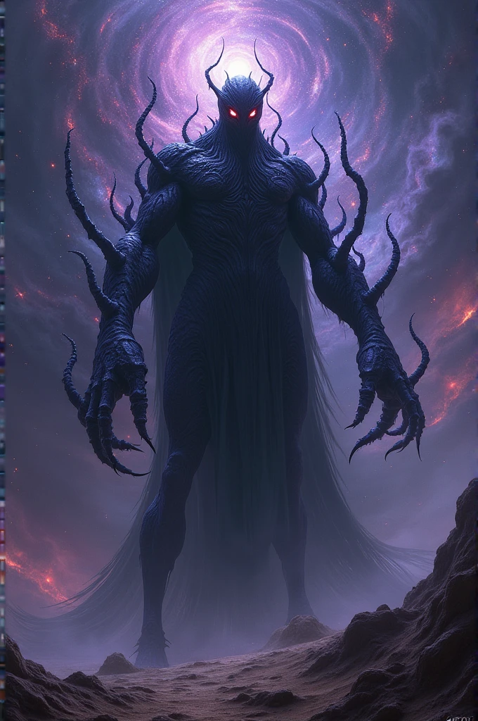 a monster with a body covered by a network of varied masks, each expressing different emotions and aspects of personality and the masks rearrange themselves in a disturbing way. Its members are long and flexible, with claws, slightly feminine appearance, long and curvy body, armor covering the entire body, wears a type of hood on the main mask of the face