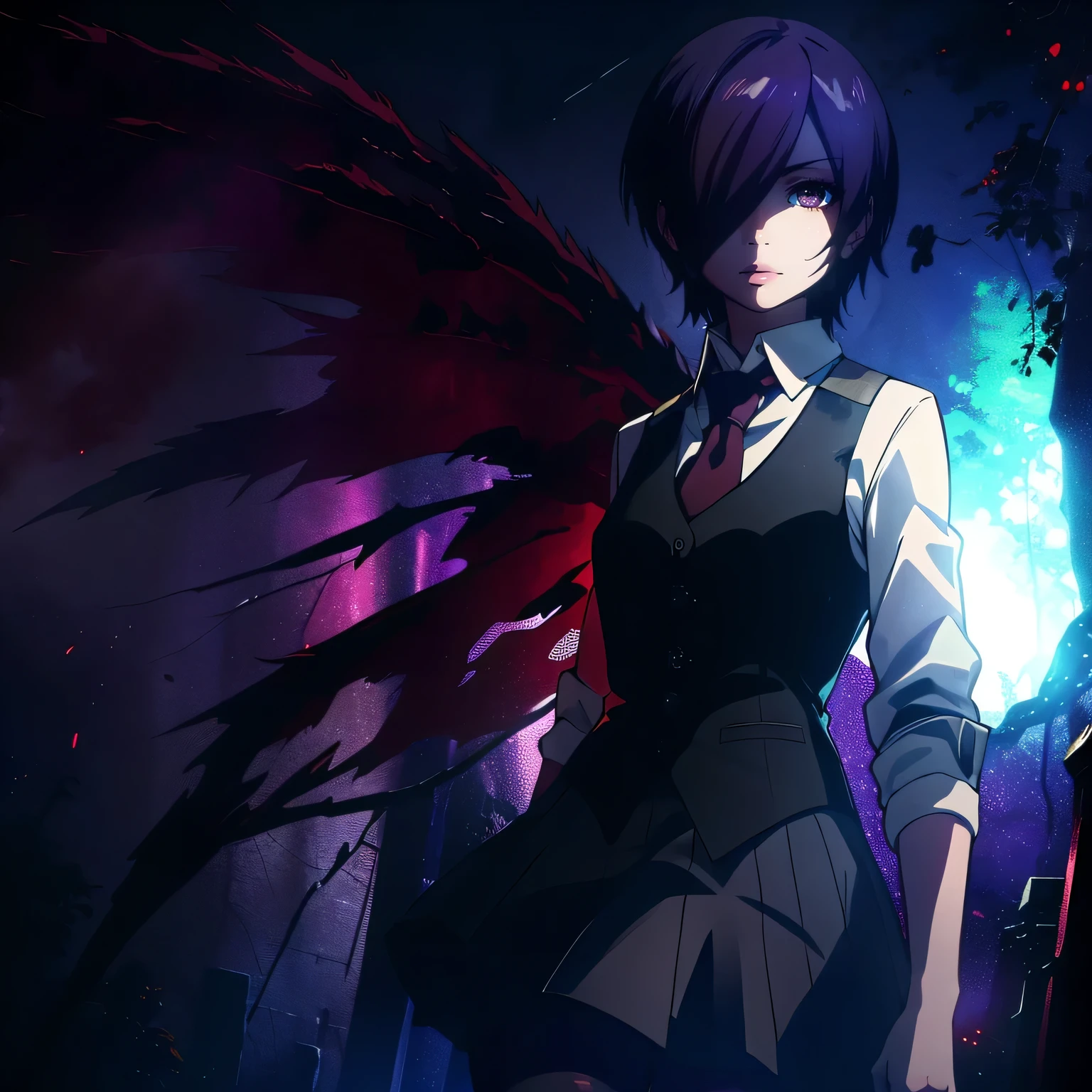 Touka Kirishima, Tokyo Ghoul, Red eyes, The whites of the eyes are black, blue-violet hair, white shirt, necktie, sleeves rolled up, black vest, brown skirt, pantyhose , Angry ghoul features, red wings, bloody background, dark bloody colors, details, bloody background, ghoul eyes, red and black eyes with no white. Red Eyes, Kagune Touka Kirishima, Okaku, Film Grain, Character Design,1girl, purple ,Short Hair, Blue Hair, Angry, 