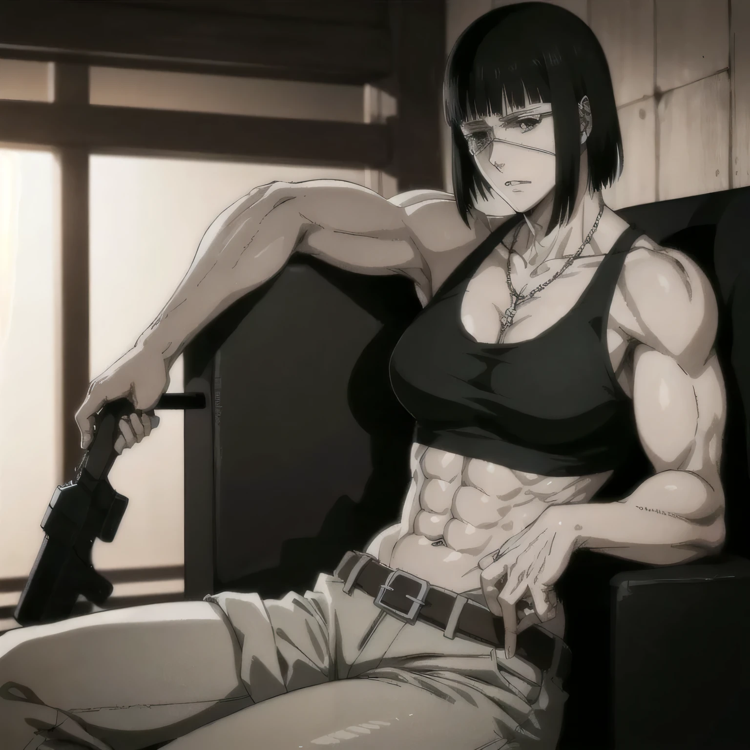 (best quality,ultra-detailed,realistic:1.37),musclaur badass girl with sculpted body with preview her musclaur body and six-pack, full review of the female character face and body, intense expression, strong and confident posture, studio lighting, vivid colors, physiologically-based rendering, grungy texture, rugged background, dust particles in the air, commanding presence, professional, powerful, gritty aesthetics,,Valmet،short hair,necklace,clean muscles،wearing sport tank top and black pants with belt, tattoos on shoulders,clean clothes,sunglasses,Shining muscles,muscle protrusion,solo,eyepatch,sitting on chair,Kings session,high aura,arm at side,angle from side Valmet,4K,HD,Sitting lying on the sunrise view,boring face,Relaxation session