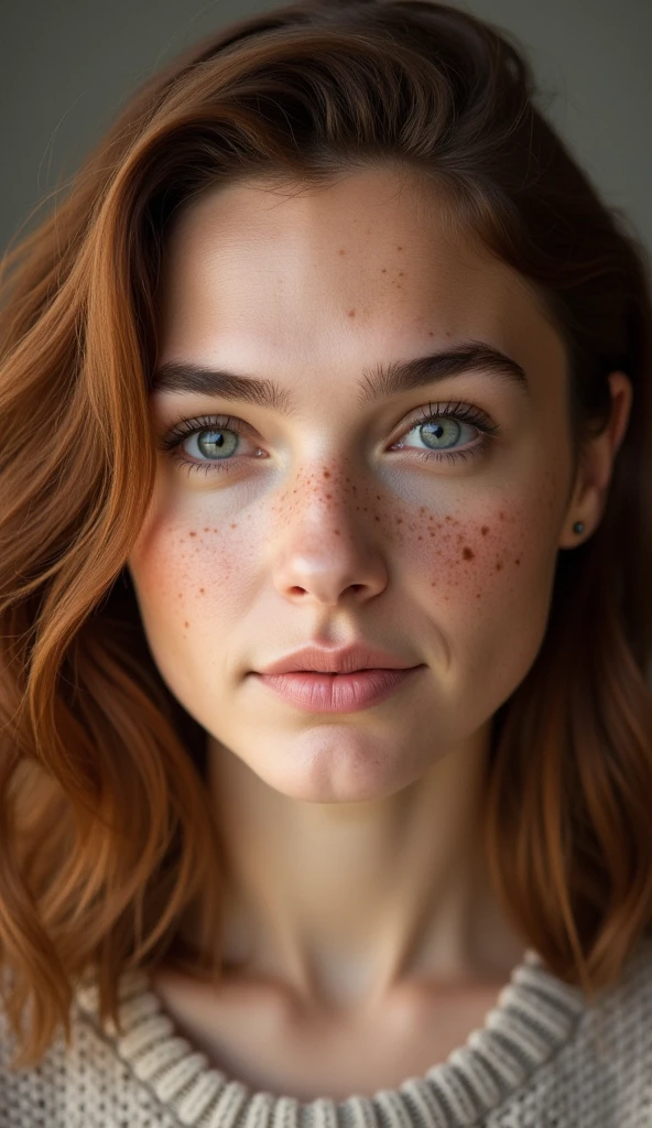 “A close-up of a young woman with freckles and slightly wavy auburn hair, soft natural lighting, wearing a knitted sweater, detailed skin texture with pores visible, neutral background blurred for focus, cinematic lighting, 85mm lens for a photorealistic portrait.”