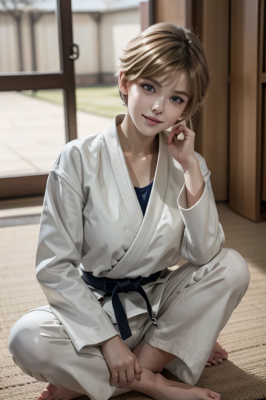 cinematic film still photographed.
Perfect appearance. Top quality. High resolution.
High quality photos. Photos that are in correct focus.
Correct human anatomy. Correct hand shape.
She is a high school student.
Her face looks a lot like that of YouTuber Ella Freya.
Too beautiful girl. Her face is so young.
Her haircut is a pixie haircut.
Her hair looks like Amara Tenou.
Her hair looks like Audrey Hepburn.
Too big breasts.
She is wearing a judogi.
Martial arts uniform for judo practice.
Her judogi is conservative. Long white pants.
She is smiling.
Judo Hall. Tatami mats.
sit cross-legged.