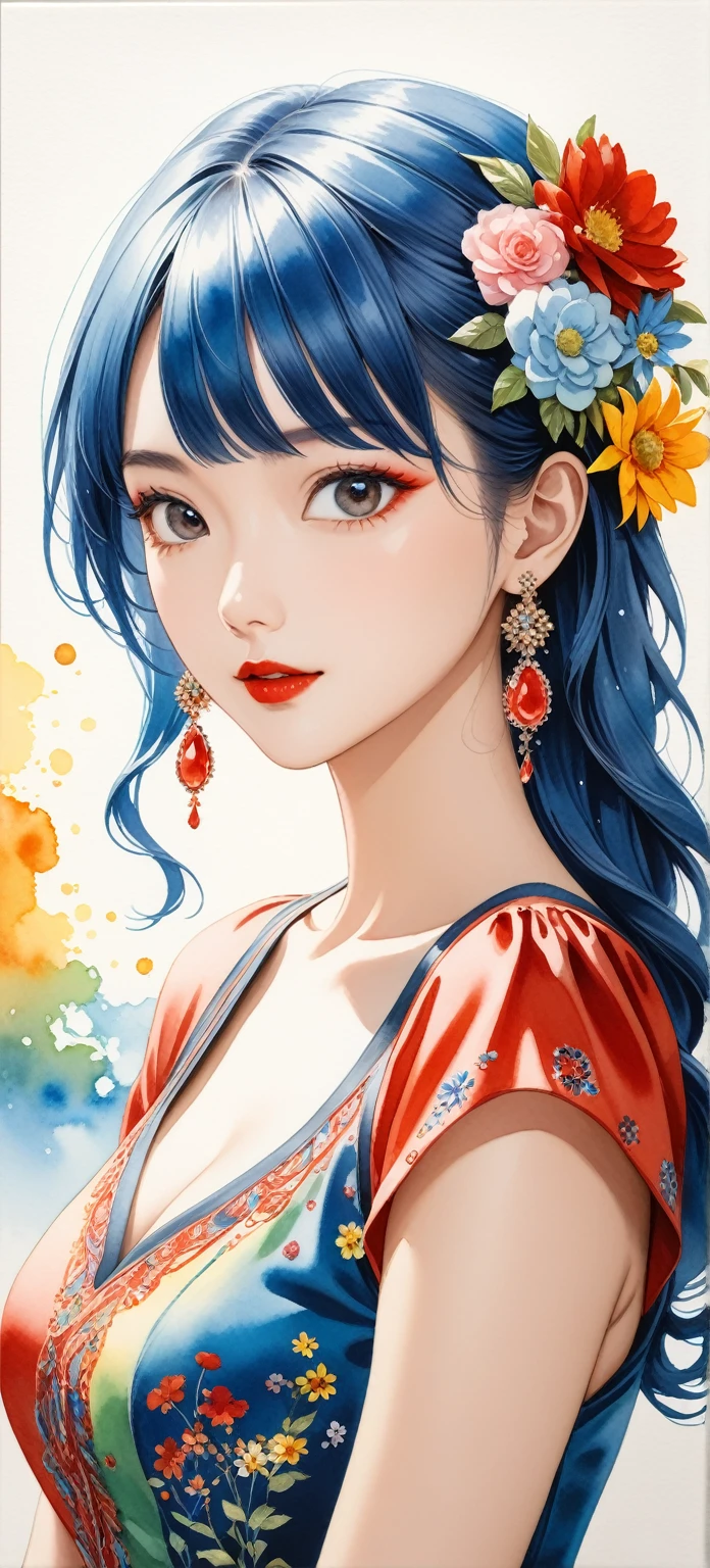 masterpiece, 8k, Best Quality,  high resolution on down, Official Art, Micho Style,  stylish なファッション, Intense watercolor, Detailed watercolor painting, watercolor splash ,  surreal, Avant-garde pop art, Beautiful Realistic Paintings ,  beautiful artwork illustration ,  Very Colorful Hues ,  wonderful,  stylish  design, The most beautiful girl, Doodle Art, Colorful flowers,  stylish , Mid-chest,  earrings for a woman alone, Red lipstick,  eyeliner ,  eyeshadow,  upper body, Anime Art, 