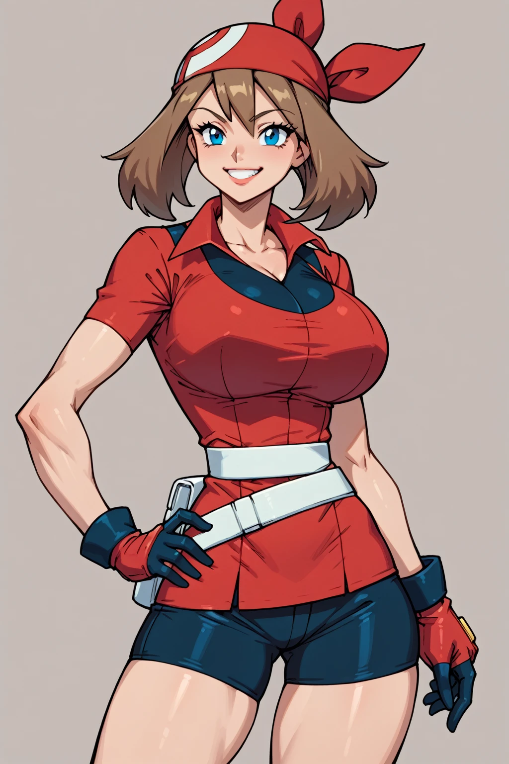 score_9, score_8_up, score_7_up, BREAK, anime style, MayPXL, blue eyes, brown hair, short hair, red bandana, red shirt, short sleeves, gloves, black shorts, torso, smug smile, gigantic bust, toned, strong, bimbo body, 