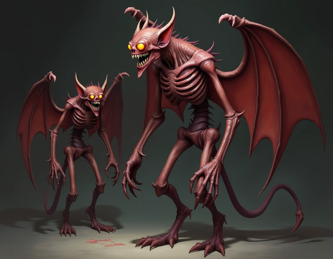 a creature without hind legs, a long, pointed tail, sharp teeth, I have a bone mask that is smiling in a macabre way, My eyes are red with white pupils, some big wings that are my front legs, My body is completely made of flesh without skin, small sharp bones sticking out of my back, I have a not very strong but somewhat disgusting smell and sharp bone claws
