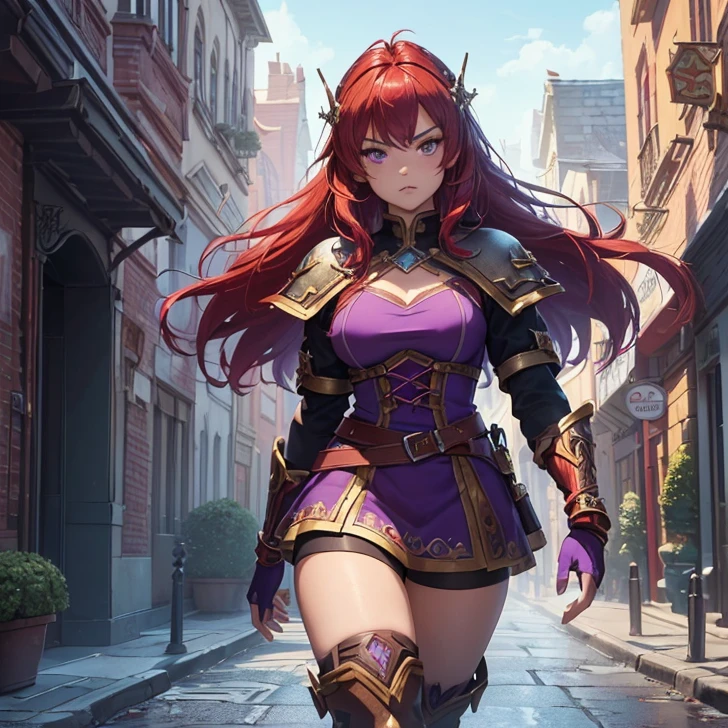 (absurdres, high fantasy artwork, best high quality image, carefuly detailed, very detailed features and textures) full body view solo character
60 years old barbarian woman milf, long curly crimson red hair, purple eyes, fantasy paladin green armor.
Smiling, cheerful, kind and wise, doing a confident and brave pose with her fists on her hips
Stone irish castle tower with ancient greek forniture and celtic forniture