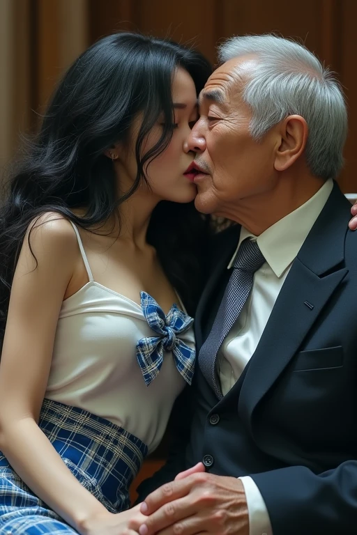(8k、RAW photo、highest quality、masterpiece:1.2)、(realistic、Photoreal:1.35)、super detailed、超A high resolution、cinematic lighting、(((white kimono beauty)))、(((26 year old girl in Japan)))、(lots of cranes:1.5)、A worried expression、black hair、Lonely atmosphere、dynamic angle、dynamic lighting、big chest、big breasts、Inside an old house in Japan、White feathers fluttering、cleavage is visible、dark room、hugging an elderly Japanese man
