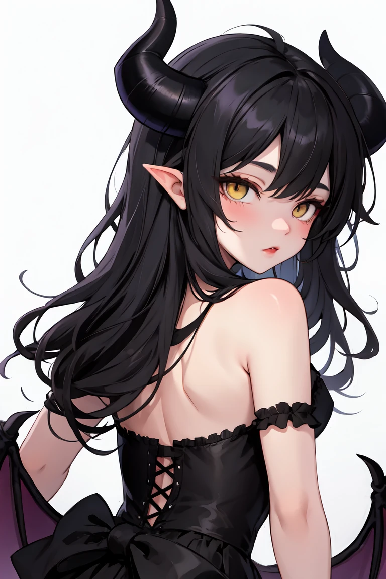 Beautiful demon girl, long black hair, golden hazel eyes, messy hair, cute, attractive, very small waist, very big backside, bug eyes, very soft clear skin, turned up nose, small demon horns. 