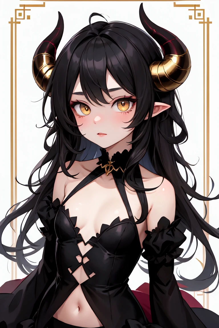 Beautiful demon girl, long black hair, golden hazel eyes, messy hair, cute, attractive, very small waist, very big backside, bug eyes, very soft clear skin, turned up nose, small demon horns. 