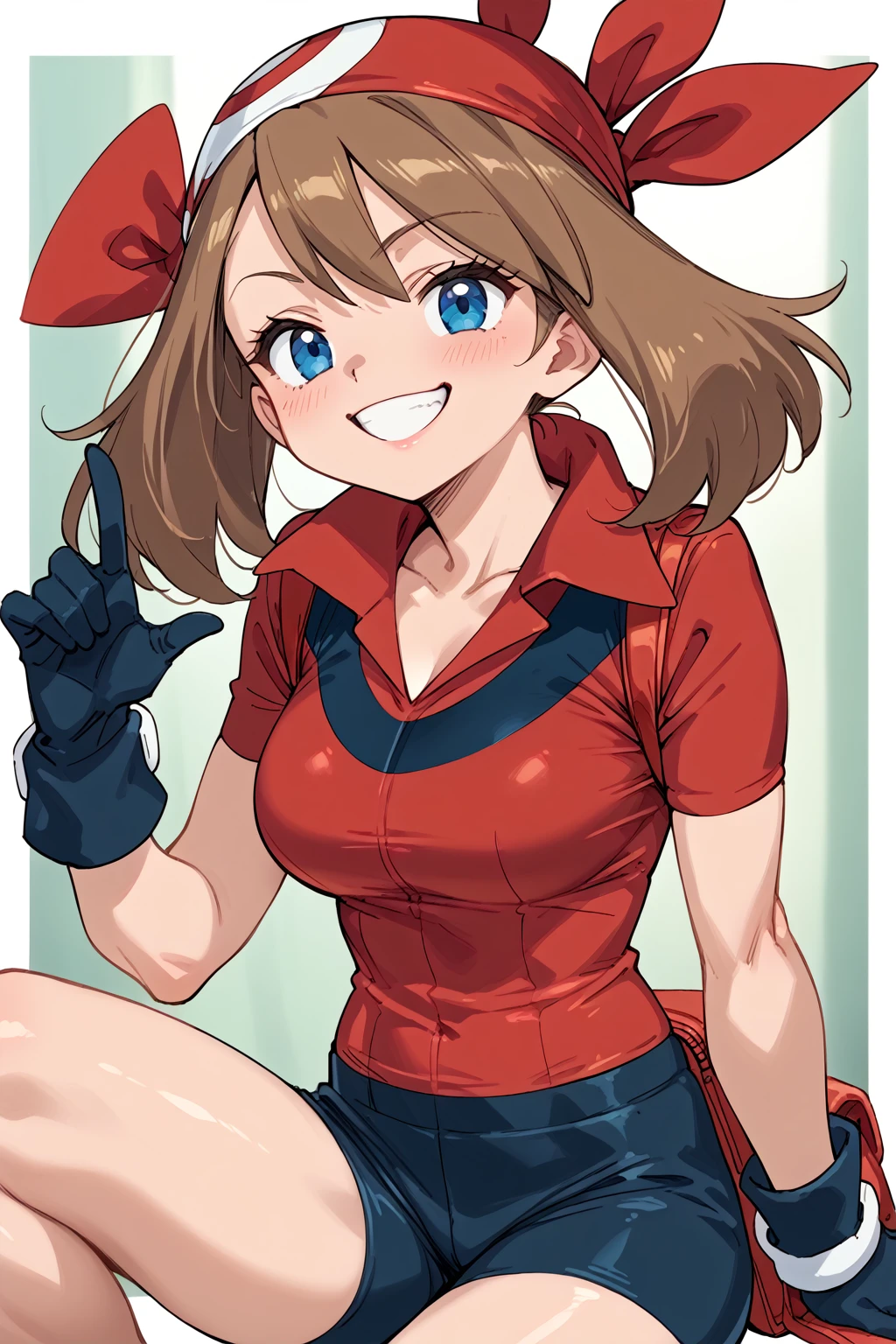 score_9, score_8_up, score_7_up, BREAK, anime style, MayPXL, blue eyes, brown hair, short hair, red bandana, red shirt, short sleeves, gloves, black shorts, torso, smug smile, gigantic bust, toned, strong, bimbo body, 