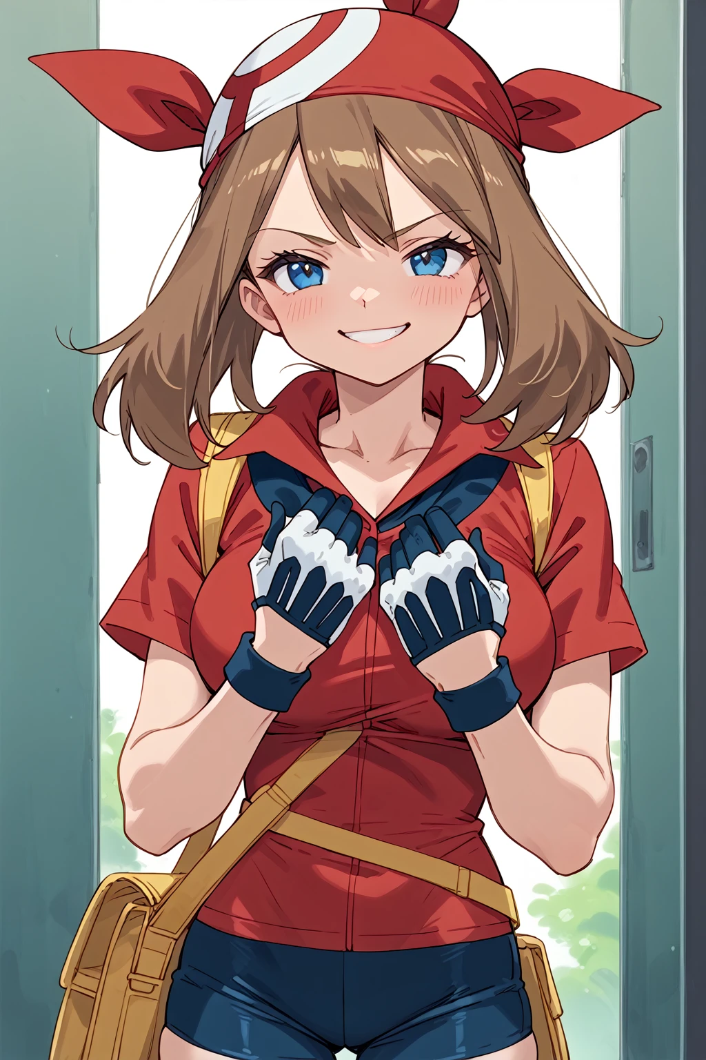 score_9, score_8_up, score_7_up, BREAK, anime style, MayPXL, blue eyes, brown hair, short hair, red bandana, red shirt, short sleeves, gloves, black shorts, torso, smug smile, gigantic bust, toned, strong, bimbo body, 