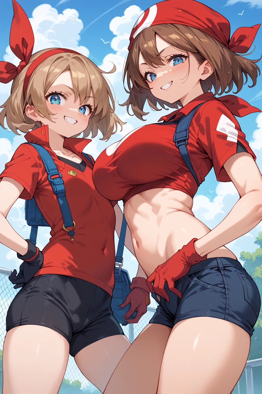 score_9, score_8_up, score_7_up, BREAK, anime style, MayPXL, blue eyes, brown hair, short hair, red bandana, red shirt, short sleeves, gloves, black shorts, torso, smug smile, gigantic bust, toned, strong, bimbo body, 