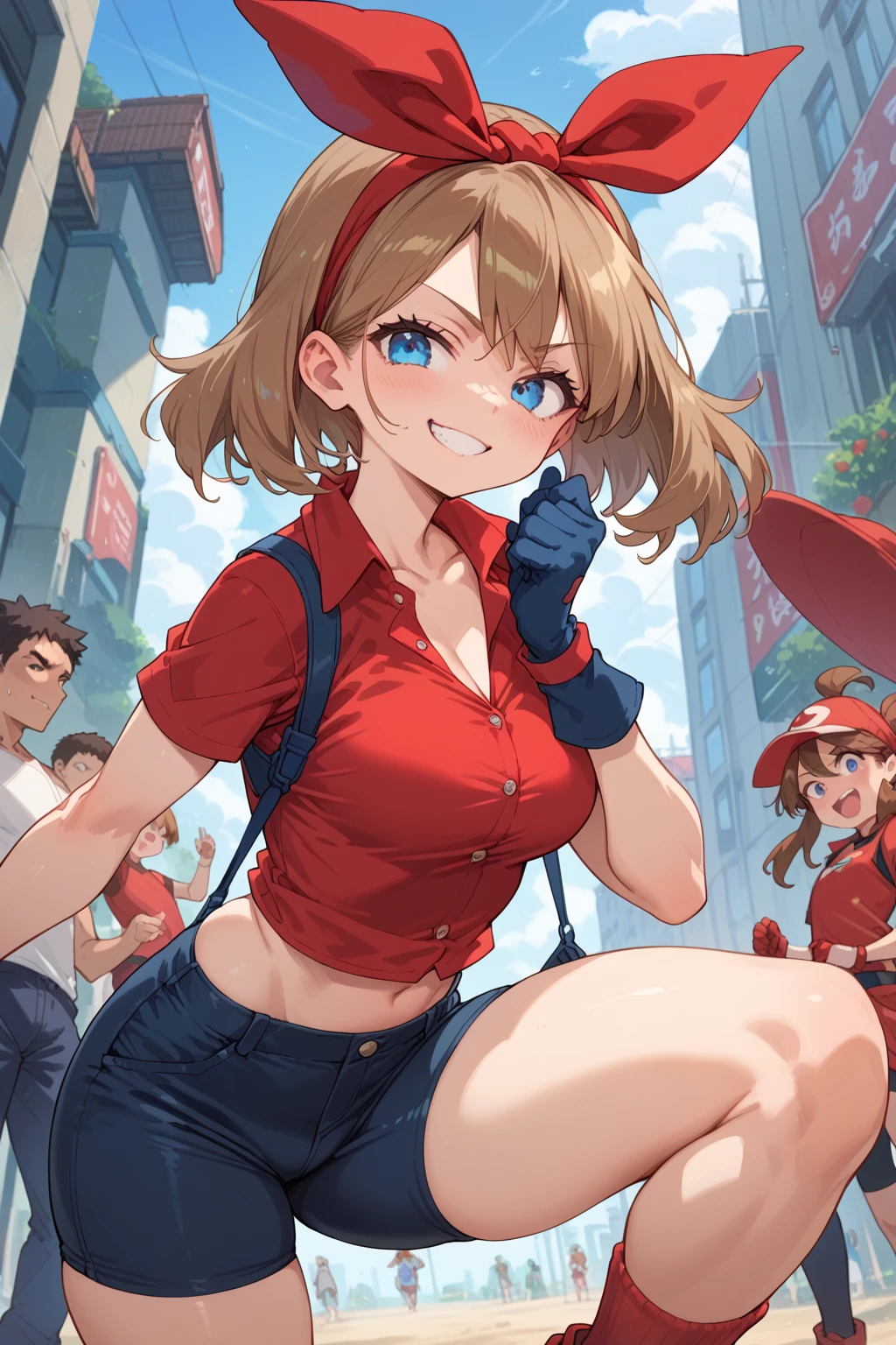 score_9, score_8_up, score_7_up, BREAK, anime style, MayPXL, blue eyes, brown hair, short hair, red bandana, red shirt, short sleeves, gloves, black shorts, torso, smug smile, gigantic bust, toned, strong, bimbo body, 