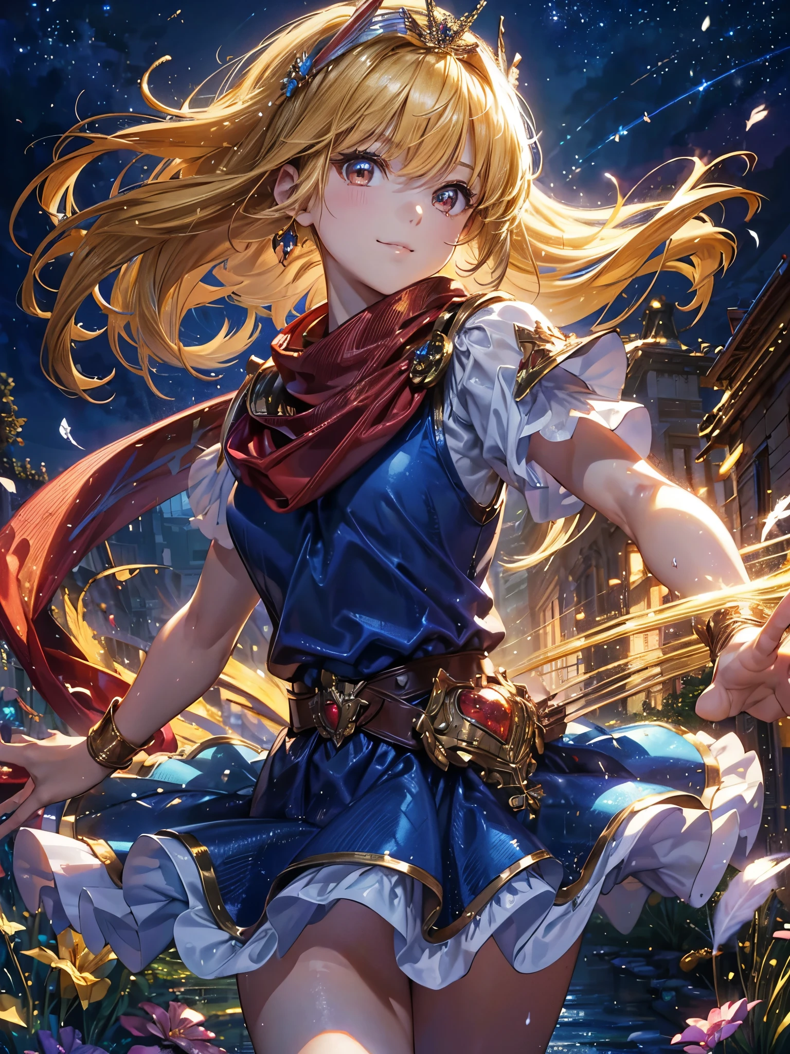 masterpiece、1 beautiful girl、fine eyes、smile,puffy eyes、highest quality, 超High resolution, (reality: 1.4), movie lighting、super beautiful、beautiful skin、body facing forward、Upper body,close up of face,(Ultra-realistic)、(High resolution)、(8k)、(very detailed)、(Beautiful and fine eyes)、(Super detailed)、 (wall-)、detailed face、bright lighting、professional lighting、looking at the viewer、look straight ahead、slanted bangs、perfect cosplay, highest quality,super detailed,1 girl,alone,magical princess,blonde hair,blue clothes,blue skirt,brown eyes,feather hair band,long hair,pauldron,boots,red scarf,tiara,white shoes, flower field background,prepare a bow