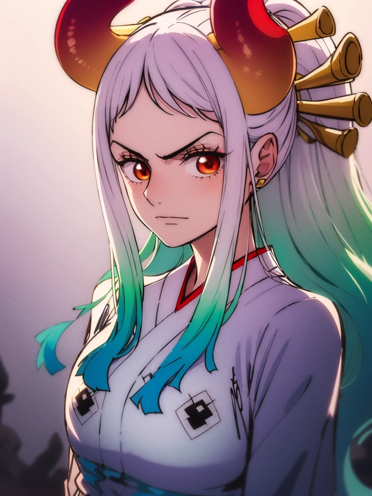 1girl, yamato_5000, white_hair, green_hair, gradient_hair, horns, wanostyle, ((masterpiece)), ((best quality)), extremely detailed, bloom,  illustration, kimono, traditional_clothing, depth of field, sketch, dark intense shadows, sharp focus, soft lighting, hdr, colorful, good composition, solo