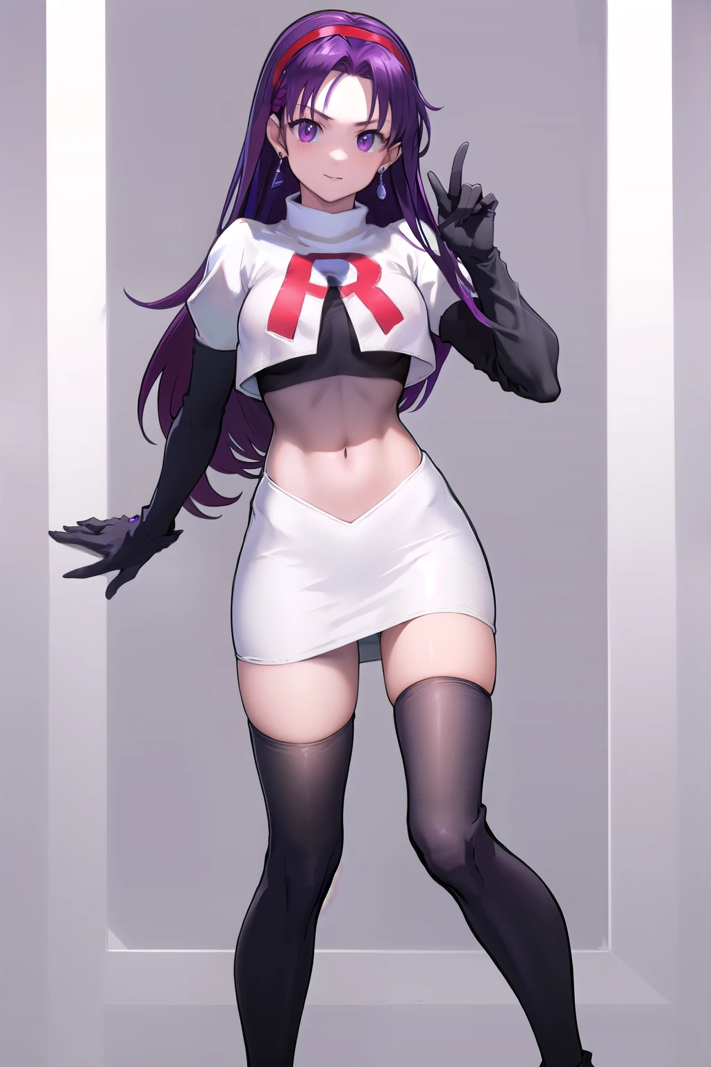 masterpiece, best quality, highres, aa1, purple hair, long hair, hairband, long hair, earrings, medium breasts, team rocket,team rocket uniform,white skirt,red letter R,crop top,black thigh-highs,black elbow gloves