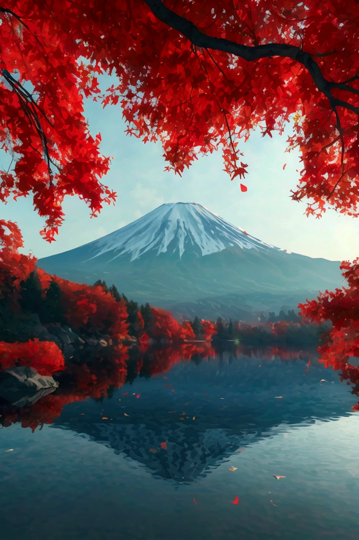 High quality, 8k, photo, very realistic, red maple leaves falling like a snowstorm, Mt. Fuji dyed red in the center of the screen,