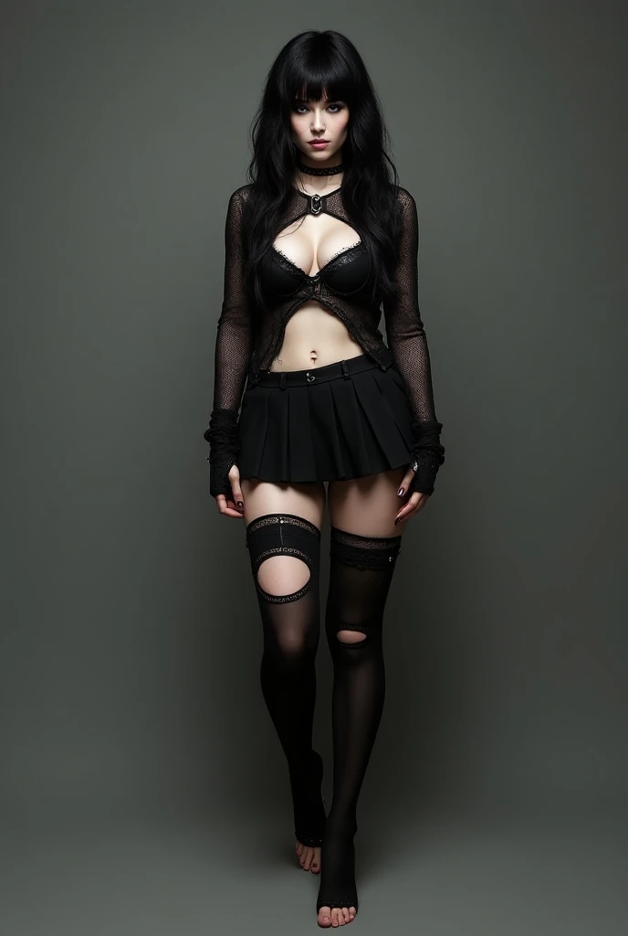 1 girl, pale skin, black and red medium hair , black shirt, black stockings, black necklace, dark blue eyes.