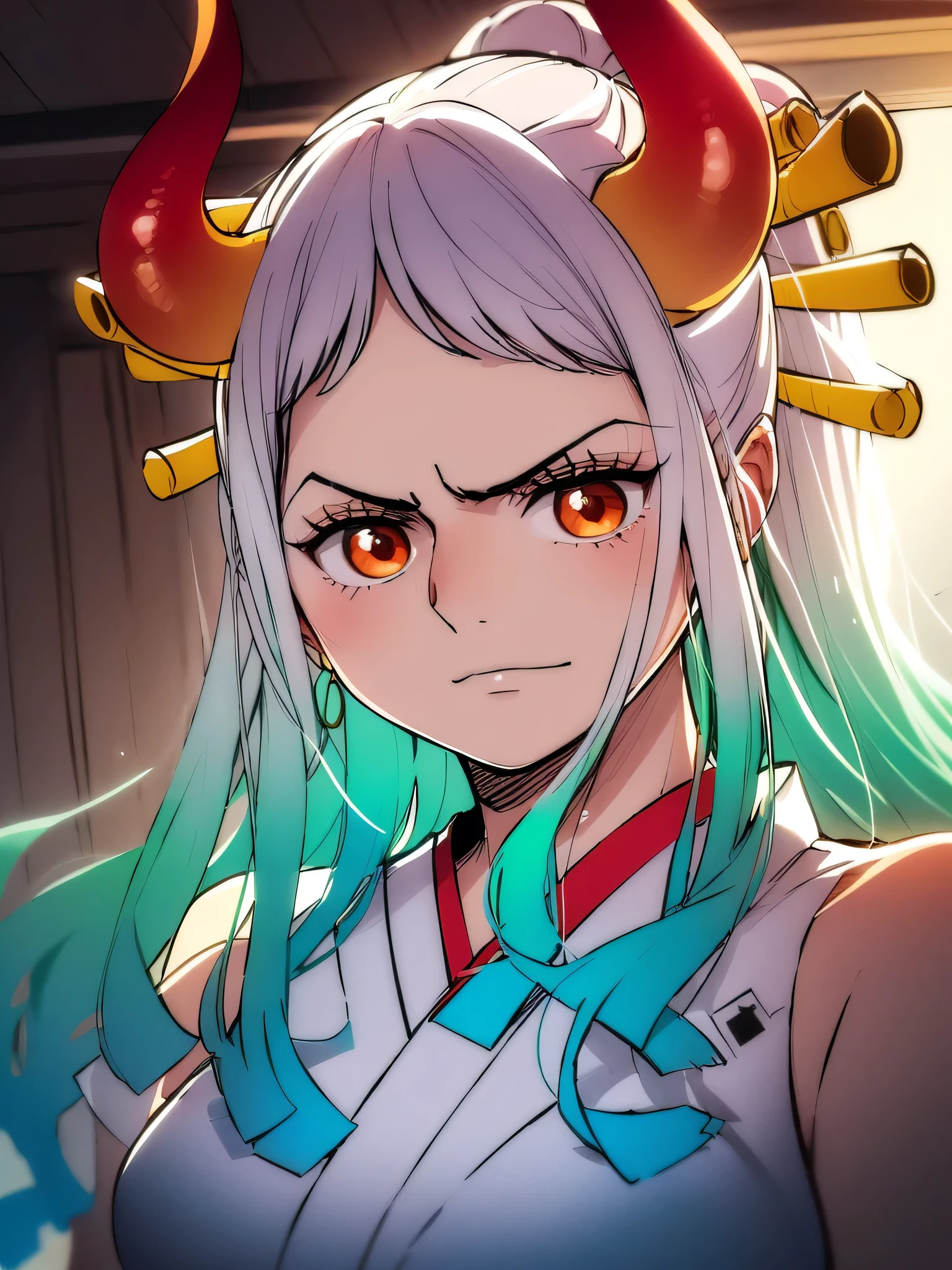 1girl, yamato_5000, white_hair, green_hair, gradient_hair, horns, wanostyle, ((masterpiece)), ((best quality)), extremely detailed, bloom, illustration, kimono, traditional_clothing, depth of field, sketch, dark intense shadows, sharp focus, soft lighting, hdr, colorful, good composition, solo